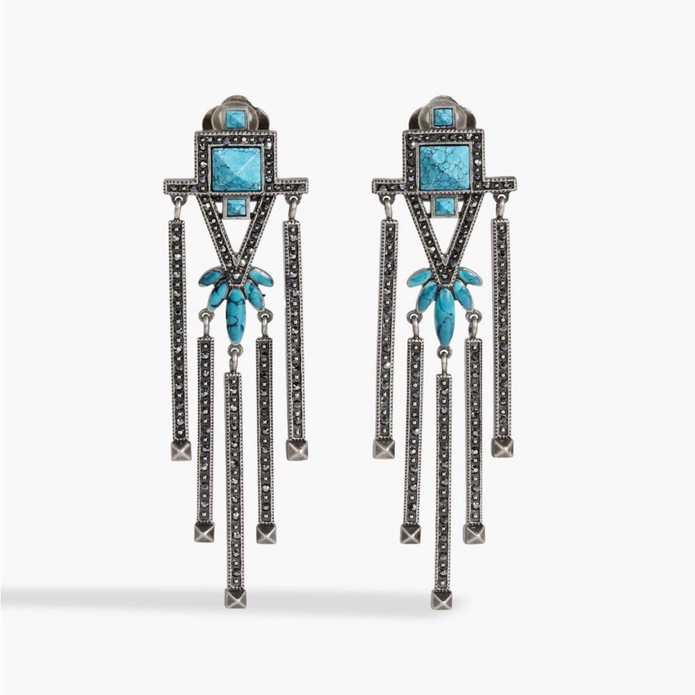 VALENTINO Burnished Silver Tone Turquoise and Crystal Geometric Dangle Earrings